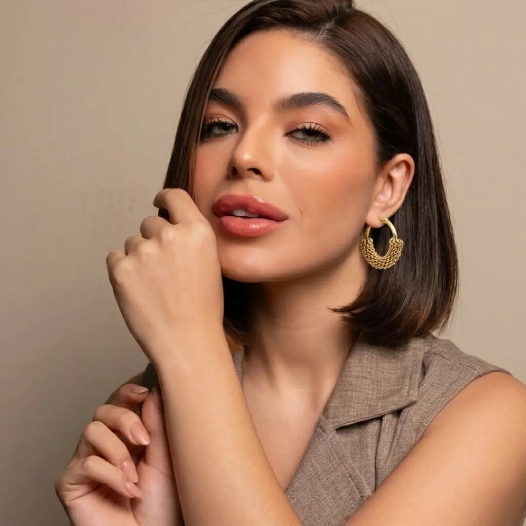 18K Gold Filled Beaded Mesh Hoop Earrings – Woven Textured Gold Hoops